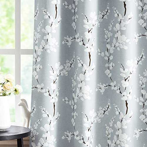 Fmfunctex Grey Floral Blackout Curtains for Bedroom 90 inch Drop Eyelet Curtains for Living Room Nursary Blossom Thermal Insulated Window Curtain Panels 2 Panels White on Grey