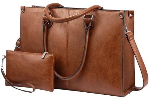 LOVEVOOK Laptop Tote Bag for Women, 15.6 Inch Large Capacity Vintage Leather Work Computer Bag, Business Casual Shoulder Handbag, Dark Brown
