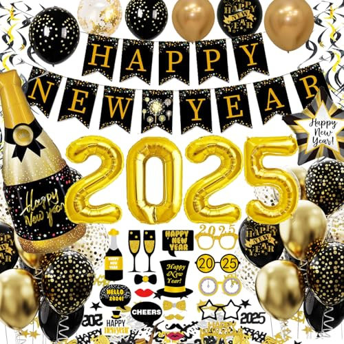Silvester Deko 2025 XXL Party Set, Neujahr Silvesterdeko, Happy New Year Girlande & Fotorequisiten & Konfetti Ballons & 2025 Folienballons, Silvesterparty Dekoration, Neujahrdeko(Schwarz Gold)