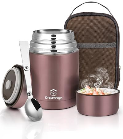 Dreamhigh® Thermal Food Flask, 800ml, Soup Flask with Spoon, Stainless Steel Vacuum Insulated Food Container, Leak-Proof, with Carrying Bag, Keep Hot/Cold for 12 Hours