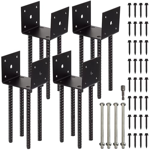LADECH Fence Post Holder Ground Spike Use for Concrete Deck - Post Base Anchor Metal Black Powder Coated 4 Inches x 4 Inches (Inner Dia 3.5x3.5) 4 Pack