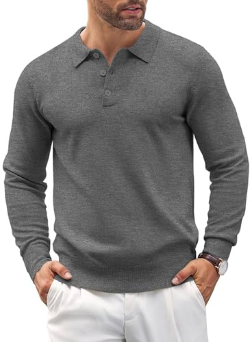 COOFANDY Polotröja herr långärmad tröja finstickad tröja enfärgade stickade jumpertröja, Mörkgrå, L