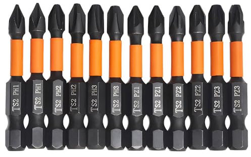 Saipor 12pcs 50mm/2 PoziDriv Phillips Screwdriver Bit Set, Magnetic Impact POZI Phillips Bit, 1/4 Inch Hex Shank S2 Steel Impact Screw Driver Bits
