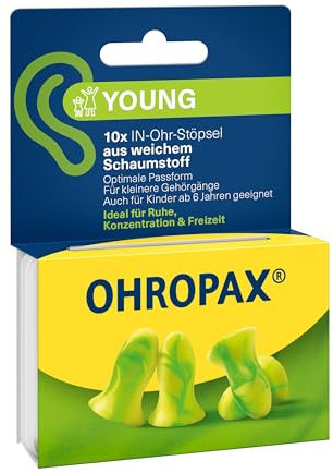 OHROPAX Young Lot de 10 bouchons d'oreilles en mousse souple pour oreilles avec petits conduits auditifs – Indice d'isolation acoustique SNR 35 dB – Idéal pour le calme, la concentration et les
