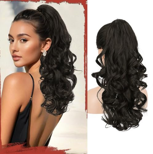 Sofeiyan Pferdeschwanz Haarteil mit Klammer, Lange Wellig Lockig Zopf Extension Claw Clip in Ponytail Extension Synthetik Haarverlängerung für Damen, 43 cm Dunkelbraun