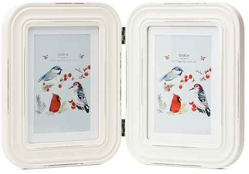 ibalux 5x7 Double Hinged Picture Frame Photo Frame with Distressed Finish and Rounded Corners, Solid Wood with Real Glass, Matted to 4x6, Vertical Format for Tabletop or Desktop Display, White