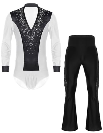 Fldy Herren Latein Standard Tanz Kostüm Hemd Hose Set Strass Hemdbody Schlaghose Wettbewerb Performance Modern Dancewear Weiß&Schwarz M
