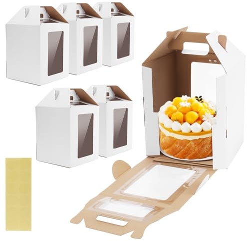 SINJEUN 6 Pack Tall Cake Box with Handle, 10x10x12 Inch Tall Carrier with Window Cake Boxes with 6 Cake Boards Bakery Box for Tiered Birthday Cakes