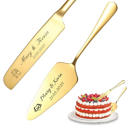 QSZ Ensemble Couteaux et de Serveurs à Gâteau Mariage Personnalisés Ensemble Sculpture et de Découpe de Gâteau Personnalisé pour mariages anniversaires fêtes (Or)