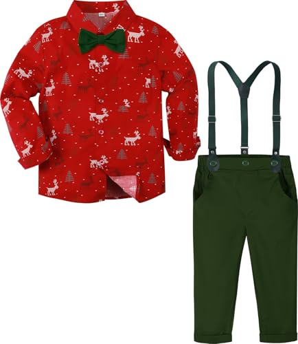 Set di 4 abiti per bambini di mintgreen, tuta da gentiluomo per Natale, con bretelle e camicia, 1-6 anni, Alce rossa., 5-6 Years