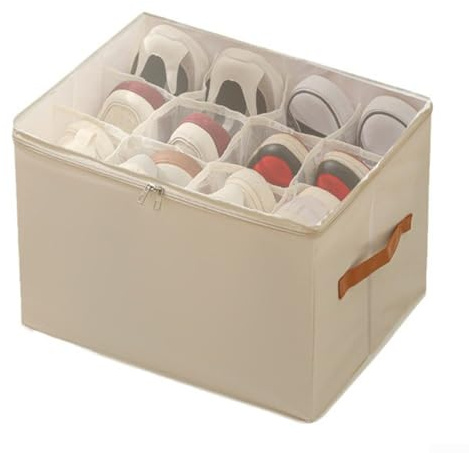 Homeponnew Contenitore per scarpe pieghevole in tessuto con 16 divisori personalizzabili per risparmiare spazio per organizzare la casa, beige (beige)