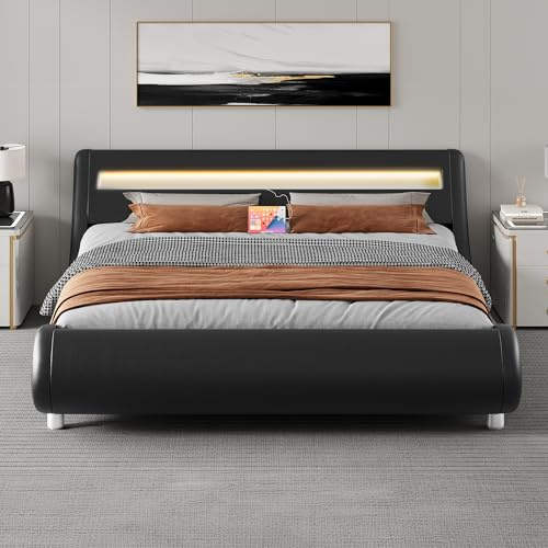 YITAHOME Bed Frame,Upholstered Led Bed Frame with Lights & Storage Charging Station,Platform with Pu Leather/No Box Spring Needed,White and Obsidian Double size