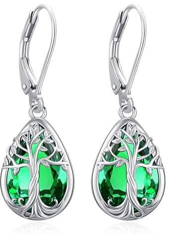 Eusense Pendientes Árbol de la Vida Pendientes colgantes Piedra natal de mayo Esmeralda Pendientes para mujer Gota con cierre de palanca Joyas con piedras natales Regalo