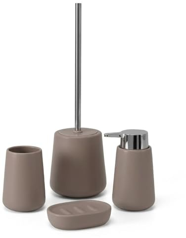 Set Accessori Bagno 4 Pezzi In Ceramica Tortora E Cromo – Dispenser Sapone, Portaspazzolini, Portasapone E Porta scopino WC Antibatterico – Linea Sidney