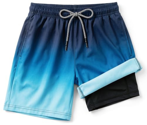 OSDUE Badbyxor för pojkar med foder, snabbtorkande badbyxor för pojkar 2-i-1 kompressionsshorts med justerbar midja och dragsko shorts anti-shorts, badbyxor 7–14 år