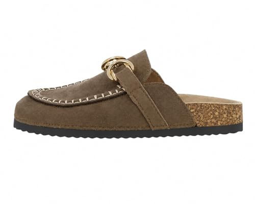 Les Arlesiennes Faux Suede Clog Sliders with Buckle Detail, Contrast Stitching, Cork Sole