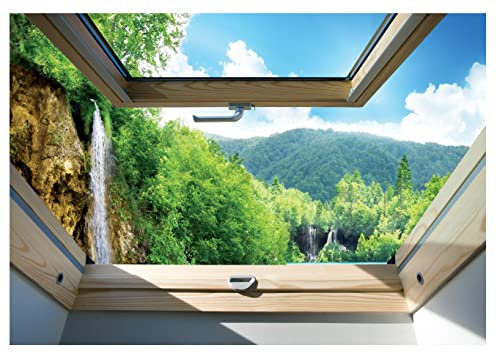 Forwall Fototapete Fenster Aussicht 3D Effekt Wasserfall Natur Optik Wohnzimmer Schlafzimmer Vlies Tapete Wandtapete UV-Beständig Montagefertig (10391, V4 (254x184 cm) 2 Bahnen)