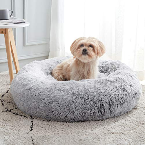 WESTERN HOME WH Calming Soft Round Dog & Cat Bed, Anti-Anxiety Donut Cuddler Warming Cozy Fluffy Faux Fur Plush Cushion Bed for Small Medium Dogs and Cats (20/24/27/30), Light Grey