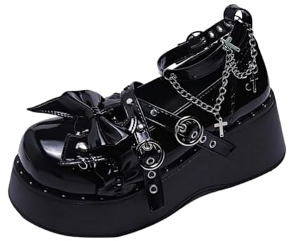Ulalaza Escarpins Lolita pour Femme Chaussures Mary Jane en Cuir Nœud en Dentelle Bottines Compensées pour Cosplay Style Mignon