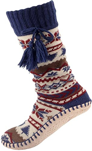 BambooMN Women's Soft Fuzzy Furry Gripper Slipper Socks with Tassel - Blue Spruce - Women's Shoe Size 2-7