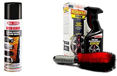 Mafra DECA FLASH - Enlève les traces et les tâches de colle et de goudron & Kit de jantes Regénera, Traitement complet de nettoyage et de décontamination, composé de Spray Cleaner 500ml + Brosse