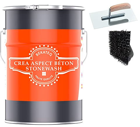 BEKATEQ Aspect béton Gris béton 6kg, STONEWASH Style jusqu'à 15m², Enduit effet béton avec outils, béton apparent, décoration murale sans joints pour salle de bain, toilette, salon, bureau S1002