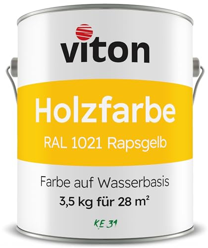 Viton Holzfarbe in Gelb - 3,5 Kg Holzlack Seidenmatt - Wetterschutzfarbe für Außen - 3in1 Grundierung & Deckfarbe - Profi-Holzschutzlack - KE31 - RAL 1021 Rapsgelb