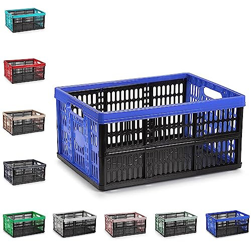 Multi-Purpose Strong Folding Collapsible Plastic Storage Boxes Crates Portable Stackable Container Basket for Home Office Garage Tools, Soft-Touch Handles (Black & Blue - 32L)