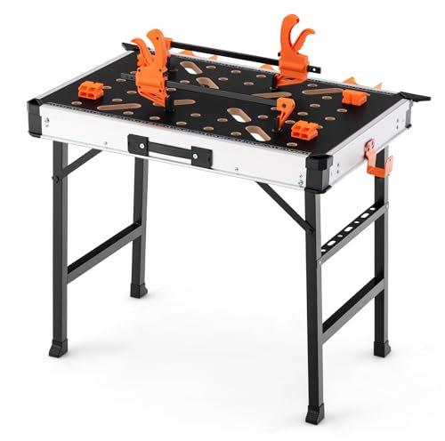 GOPLUS Banco de trabajo plegable, mesa de trabajo regulable en altura con capacidad de 454 kg, 2 abrazaderas rápidas, 4 ganchos de sujeción y 3 cajas de herramientas, mesa de trabajo multifuncional