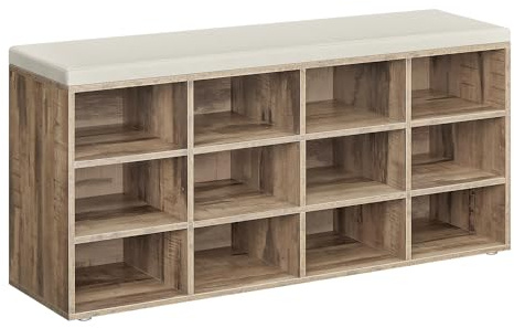 VASAGLE Banc à Chaussures, Organiseur de Chaussures avec 12 Compartiments, Siège Rembourré, pour Entrée, Couloir, Placard, Marron Camel et Beige Cappuccino LHS012K02