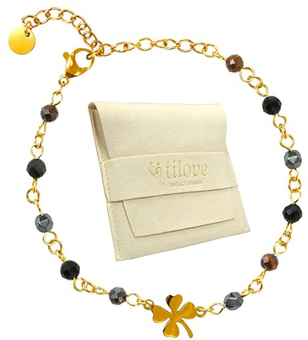 TILOVE - Bracelet en Pierre Naturelle Triple Protection Lithothérapie pour Femme avec Trèfle Porte Bonheur en Acier Inoxydable. Oeil de tigre, Obsidienne noire, Hématite. Bracelet Chakra Idée Cadeau
