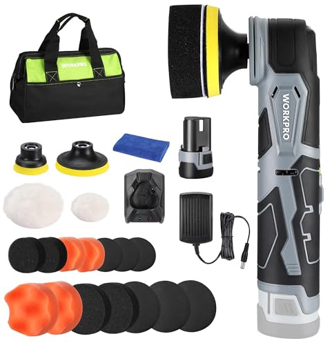 WORKPRO Cordless Mini Buffer Polisher, 12V Buffer Polisher for Car Detailing, 5 Variable Speed Up to 3000RPM, Compact Cordless Polisher Kit for Waxing, DIY Projects, Furniture Polishing