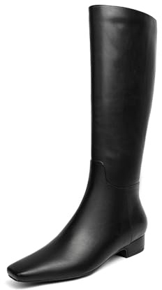 Beauty Cry Black Square Toe Flat Knee High Boots for Women Chunky Low Heel Leather Riding Boots With Side Zipper