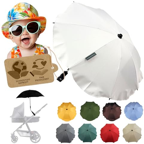 Protection solaire universelle [Parasol pour poussette] Buggy Protection UV 50+ avec support universel Parapluie flexible réglable pour tubes ronds et ovales, Blanc, 3 cm