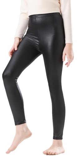 CVVTEE Pantalones de Piel sintética para niñas, Mallas elásticas para niños, Negro -, 14