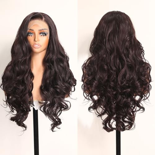 Perruque Lace Front Marron Chocolat, Perruque Lace Front Synthétique HD 13x6 sans Colle, Perruques Ondulées Longues de 24 Pouces en Brun Foncé pour Femmes Noires et Blanches