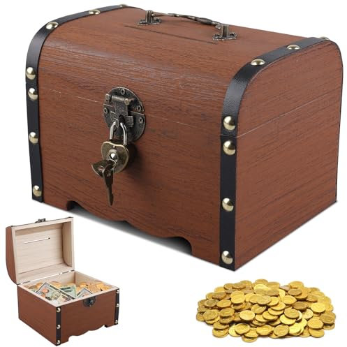 Coffre au trésor, en bois, vintage, avec clé, petite caisse au trésor, avec serrure, 18 x 13 x 13 cm, pour stocker, décorer, anniversaire d'enfant