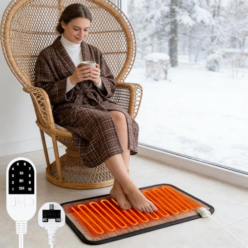 KUWUNG Heated Floor Mat, Foot Heated Mat with 10 Temperature and 1H/6H/12H Timing, Heated Rug for Floor, Carbon Crystal Heating Pad, Feet Warmers for Office and Home Water-Proof(50 * 30cm)