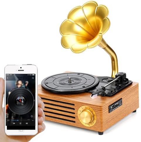 Grammofono retrò vintage con funzione Bluetooth wireless - Giradischi in vinile a forma di corno con altoparlanti stereo per hotel, club, bar, studi di yoga