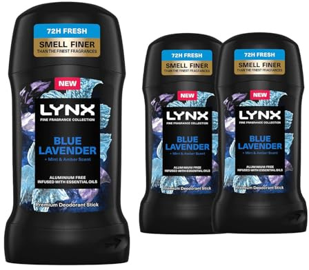 Lynx Fine Fragrance Collection Stick Deodorant for Men Blue Lavender, Pack of 3, 72 Hours Odour Protection Aluminium-Free Premium Deodorant Stick Infused with Essential Oils, 50 ml