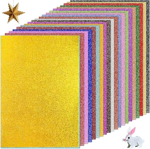 50Pcs Glitter Card, A4 Coloured Card, Glitter Cardstock, Sparkly Coloured Paper, 20 Colors Craft Paper, 250gsm Thick Cards for Scrapbook, Birthday Decorations, Greeting Cards, 30 x 21cm
