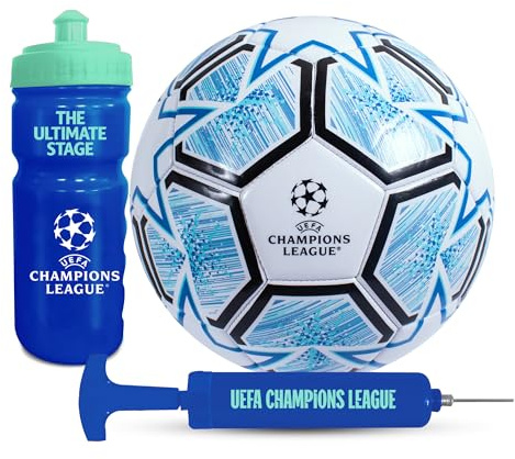 Hy-Pro Officially Licensed UEFA Champions League Football Gift Set - UCL, Size 5 Football, Pump, 500ml Reusable Plastic Bottle, Merchandise