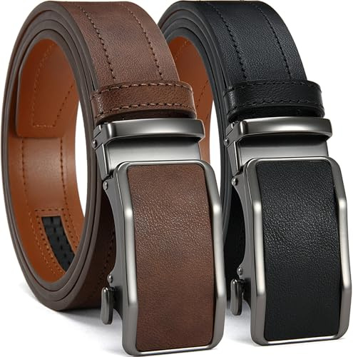 YOORAN Men’s Ratchet Leather Belt 2 Pack Trim to Fit Gift Box 1 3/8” Width