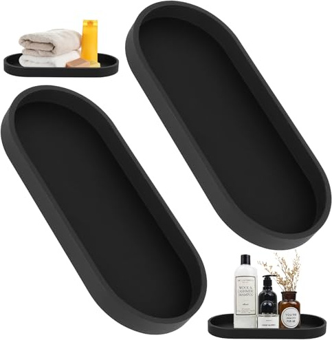 2 vassoi decorativi, vassoi da bagno, in silicone, colore nero, per vasca da bagno, cucina, toilette, cosmetici (ovale, 24,8 x 11 x 2 cm)
