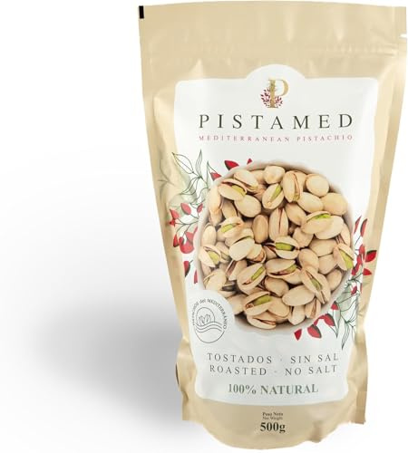 PISTAMED - Pistachos Tostados con Cáscara sin Sal - Alto Contenido en Fibra - Apto Veganos y Sin Gluten - Bolsa 500 g con Cierre Zip - Origen España - Para Repostería y Hostelería