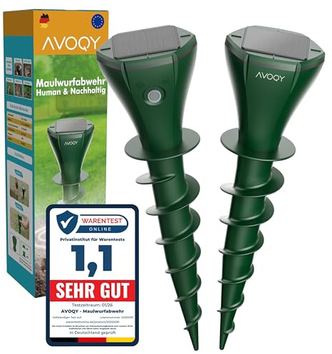 AVOQY Maulwurf Vertreiber Solar [2er Set] – Ultraschall & Vibrations Maulwurfschreck gegen Maulwürfe und Wühlmäuse, IP65 Wasserdicht, Wetterfest & Tierfreundlich für Garten und Rasen