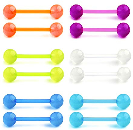 Funseedrr 6 Pairs 14G Plastic Tongue Nipple Barbell Bar Ring Glow in the Dark 12/14/16/18mm Bioflex Flexible Piercing