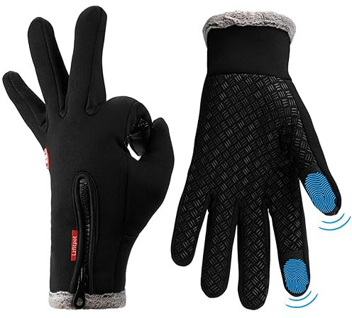 Lzfitpot Unisex Winterhandschuhe Touchscreen Warm Fahrradhandschuhe,Wasserdicht, Winddicht & rutschfest, Schwarz, Gr.- XL