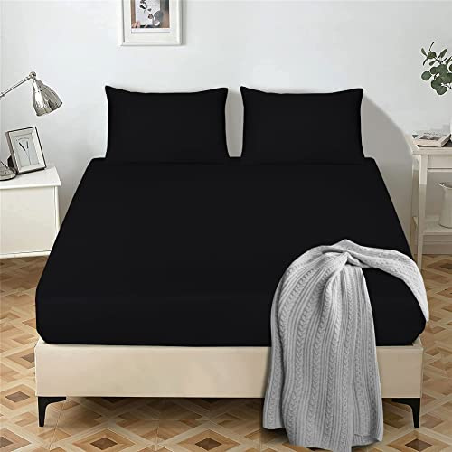 My home store Fitted Sheet 25 cm Deep Brushed Microfiber Ultra Soft No-Iron Wrinkle-Resistant Plain Dyed Fitted Bed Sheets Hypoallergenic Breathable Sheets (Black, Super King)