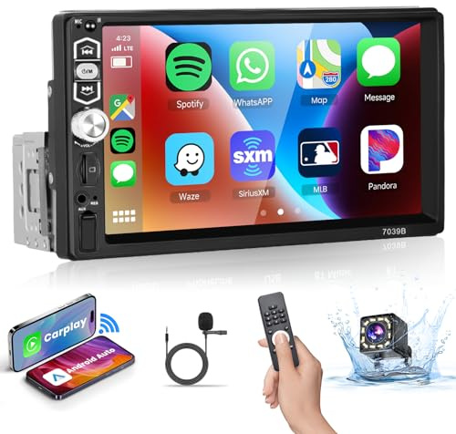 Podofo Carplay 1Din bilradio med skärm 7 tum Bluetooth 5.1 Android-bilspegellänk för IOS och Android-mikrofon/SD/USB/Equalizer/Srattstyrning 7 färgknappar med backkamera